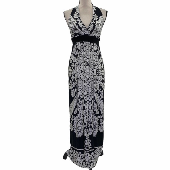 BLACK White Printed Halter Neck Maxi Dress - Picture 1 of 13